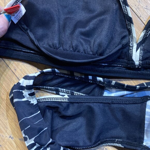 Vtg 90s Y2K 2pc Halter Bikini Set Black Gray White Stripe Abstract Geometric M - Picture 3 of 3